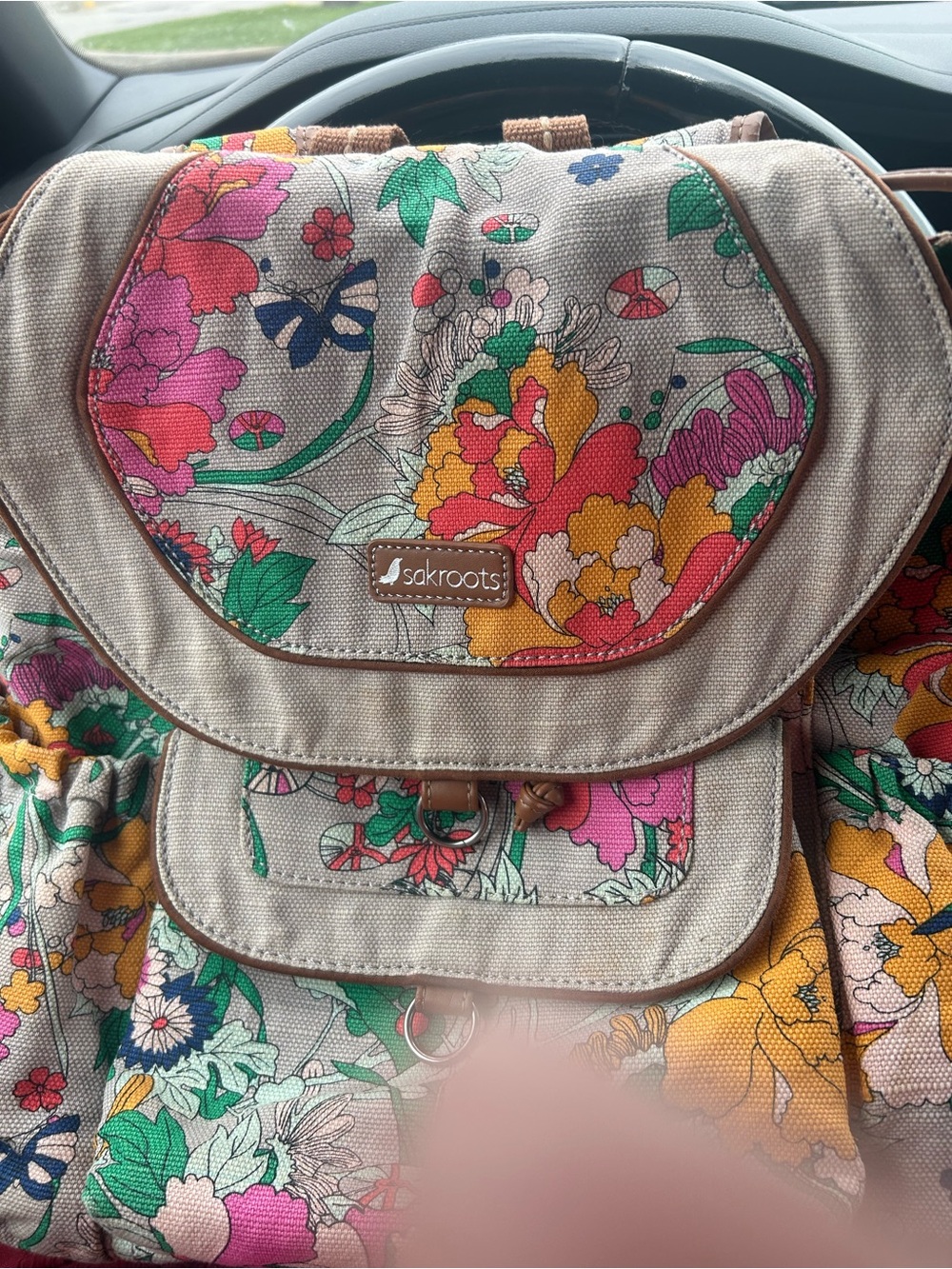 Sakroots Floral Canvas Backpack in Beige with Multicolor Blooms